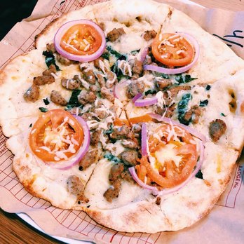 MOD Pizza - Dominic, white sauce, Asiago, basil, red onions, tomatoes, and mild sausage - Fast Food Near Me - Mckinney, Texas MOD Pizza - Dominic, white sauce, Asiago, basil, red onions, tomatoes, and mild sausage - Fast Food Near Me - Mckinney, Texas