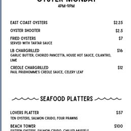 Oyster Monday Menu