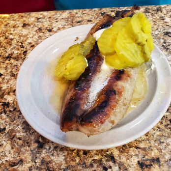 Mihm's Charcoal Grill - Butterflied brats with pickles and butter (no bun) - Burgers Near Me - Menasha, Wisconsin Mihm's Charcoal Grill - Butterflied brats with pickles and butter (no bun) - Burgers Near Me - Menasha, Wisconsin