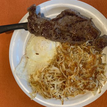 Sunny Side Up - Brunswick - NY strip steak with eggs and hash browns. Asked for a medium rare got something above a medium steak. - Breakfast & Brunch Near Me - Brunswick, Georgia Sunny Side Up - Brunswick - NY strip steak with eggs and hash browns. Asked for a medium rare got something above a medium steak. - Breakfast & Brunch Near Me - Brunswick, Georgia