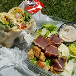 Aloha Salads - Hummus Pita Wrap and the Aloha Caesar with Ahi
