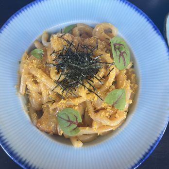 Kumoya - Udon hokkaido scallop, uni butter, cured egg yolk - Japanese Near Me - Denver, Colorado