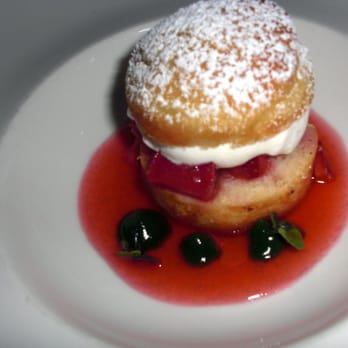 Canlis - Rhubarb Shortcake: strawberries, basil and Devonshire cream - New American Near Me - Seattle, Washington Canlis - Rhubarb Shortcake: strawberries, basil and Devonshire cream - New American Near Me - Seattle, Washington