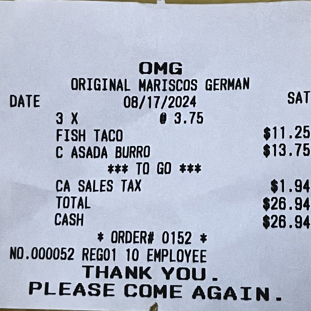 Mariscos German - Receipt - Food Trucks Near Me - San Diego, California Mariscos German - Receipt - Food Trucks Near Me - San Diego, California