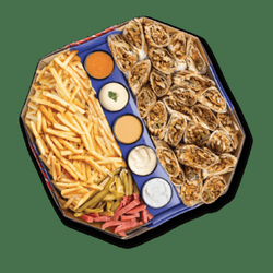 Thirty delicious shawarma bites in your favorite shawarma flavours, served with crispy fries, crunchy turnips, pickles, and five sauces