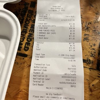 Rodeo Goat - Receipt (bartender/server: Lauren!) - Bars Near Me - Fort Worth, Texas