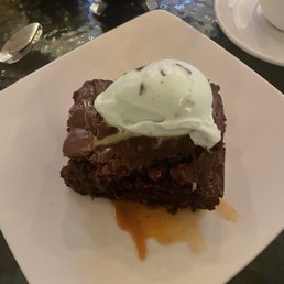 homemade brownie.  mint chocolate chip gelato.  caramel sauce