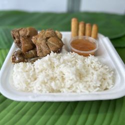 Golden Sun Filipino Cuisine - Chicken Adobo, White Rice and Lumpia.
