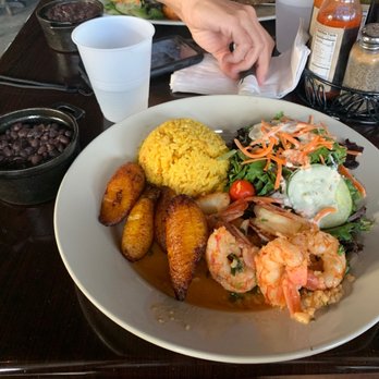 Sofrito Latin Cafe - Camarones al Ajillo with rice, black beans and sweet plantains - Latin American Near Me - Orlando, Florida Sofrito Latin Cafe - Camarones al Ajillo with rice, black beans and sweet plantains - Latin American Near Me - Orlando, Florida