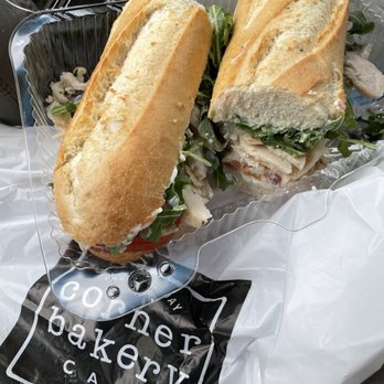 Corner Bakery Cafe - The delicious Chicken Pesto Sandwich...very fresh, lots of chicken, arugula, (actually red!) tomatoes, and pesto aioli on a baguette. - Sandwiches Near Me - Overland Park, Kansas