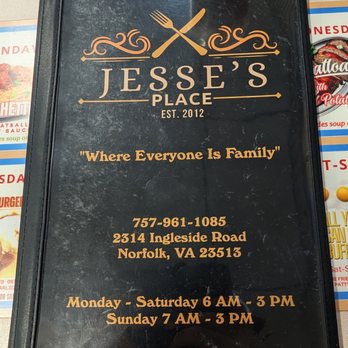 Jesse's Place - This is the Front Cover Page of their Main Menu.  Photo taken June 2, 2026. - New American Near Me - Norfolk, Virginia