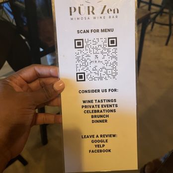 Pür Zen Mimosa Wine Bar - QR code for the menu - Tapas/Small Plates Near Me - McDonough, Georgia Pür Zen Mimosa Wine Bar - QR code for the menu - Tapas/Small Plates Near Me - McDonough, Georgia