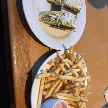 Bazille at Nordstrom - Chicken tacos  Bistro French Fries with Kalamata Olive Aoli - New American Near Me - Dallas, Texas