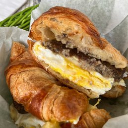 Croissant fried egg sandwich with gruyere cheese and scrapple. SO GOOD!