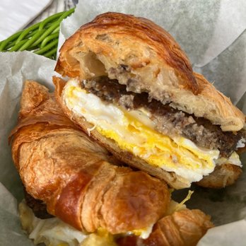 Olive & Oats by Azafran - Croissant fried egg sandwich with gruyere cheese and scrapple. SO GOOD! - Cafes Near Me - Lewes, Delaware