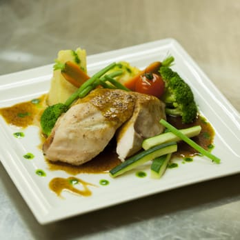 Prostor Bar & Restaurant - Chicken breast "Sous vide" with young vegetables and roasted polenta - Italian Near Me - Prague, Puerto Rico Prostor Bar & Restaurant - Chicken breast "Sous vide" with young vegetables and roasted polenta - Italian Near Me - Prague, Puerto Rico