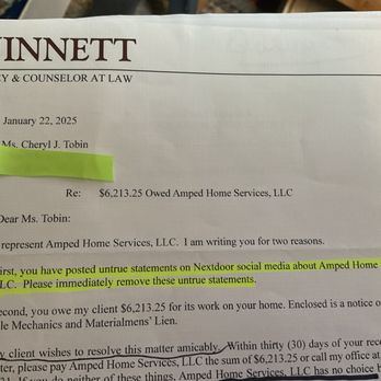 Amped Home Services - Letter from Amped's lawyer, Gary Quinnett.asking me to remove social media posts critical of Amped - Plumbing Near Me - Warr Acres, Oklahoma Amped Home Services - Letter from Amped's lawyer, Gary Quinnett.asking me to remove social media posts critical of Amped - Plumbing Near Me - Warr Acres, Oklahoma