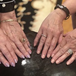 CosmoSpa - Mother/Daughter mani. Purple nails on the left dipped in powder. Pale pink nails on the right are ORLY "Artificial Sweetner" gel lacquer.