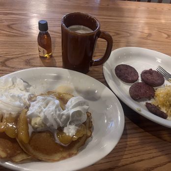 Cracker Barrel Old Country Store - Pancakes with peach topping and whipped cream, smoked sausage , hash brown casserole and vanilla latte. - Breakfast & Brunch Near Me - Gardendale, Alabama Cracker Barrel Old Country Store - Pancakes with peach topping and whipped cream, smoked sausage , hash brown casserole and vanilla latte. - Breakfast & Brunch Near Me - Gardendale, Alabama