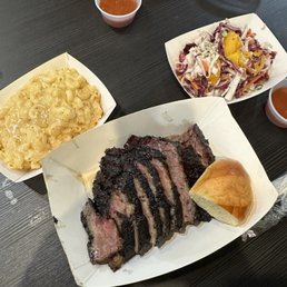 Brisket dinner with gourmaq-n-cheese and slaw.