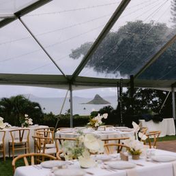 Clear Tent, Wishbone Chairs, Wood Dance Floor, and White Linens
