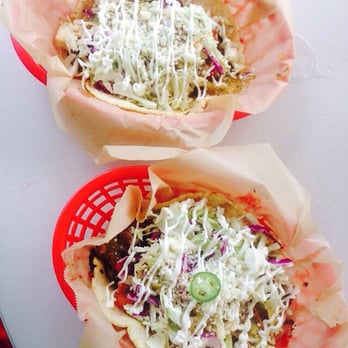 Tiki Tacos - Tiki fire beef taco (lower) and fish taco (upper) - Mexican Near Me - Kapaa, Hawaii