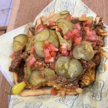 The Hat - Chili cheese fries with tomato and pickle - Sandwiches Near Me - Murrieta, California