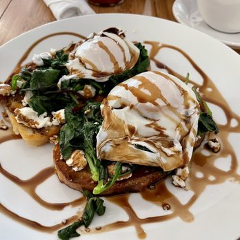 Bits Cafe - Special Breakfast: sourdough toast with goat cheese, sautéed spinach, poached eggs, and a balsamic reduction. - Coffee & Tea Near Me - Olympia, Washington