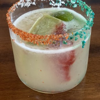 Amano - Habanero cocktail. Ice cube takes 3 days to make and is de-citing the Mexican flag - Cocktail Bars Near Me - Caldwell, Idaho