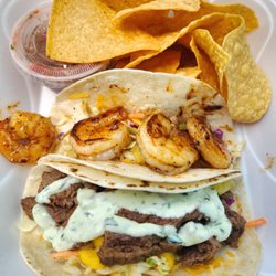 Brochachos Fusion Tacos - Grilled shrimp & steak tacos with chips & salsa, $14. The salsa was fresh but bland. The tacos were ok.