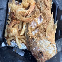 Red snapper, shrimp and fries Red snapper, shrimp and fries