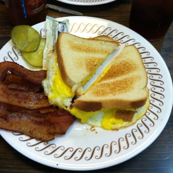 Waffle House - Great cheese & egg sandwich with some crispy bacon on the side! - American Near Me - Orange, Texas Waffle House - Great cheese & egg sandwich with some crispy bacon on the side! - American Near Me - Orange, Texas