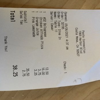 Pasta Connection - Receipt - Italian Near Me - Costa Mesa, California