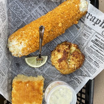 The River Shack - Crab cake, street corn and cornbread. Would order again. - Seafood Near Me - Charlestown, Maryland