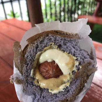 Hula Dog - Taro bacon bread with polish sausage dog. - Hot Dogs Near Me - Honolulu, Hawaii Hula Dog - Taro bacon bread with polish sausage dog. - Hot Dogs Near Me - Honolulu, Hawaii