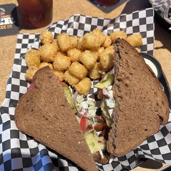 Smoky Mountain Brewery - Chicken Salad Club Sandwich with Tator Tots - Sports Bars Near Me - Knoxville, Tennessee Smoky Mountain Brewery - Chicken Salad Club Sandwich with Tator Tots - Sports Bars Near Me - Knoxville, Tennessee
