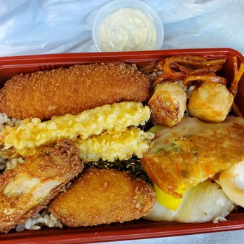 Taka's Box Lunch - Seafood Bento ($10.00)  - Breaded Fish, Shrimp Tempura, Wing Dings, Shumai, Taegu, Fishcake, Takuwan & Kimchee on Brown Rice. - Breakfast & Brunch Near Me - Honolulu, Hawaii