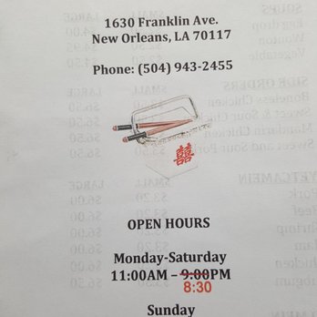 Chinese Inn - open hours on the menu - Chinese Near Me - New Orleans, Louisiana