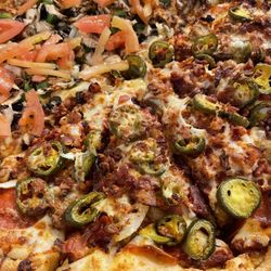 James Gang Pizza - Half Vegetarian (without pineapple) Half Boilermaker (add bacon) @ James Gang Pizza.