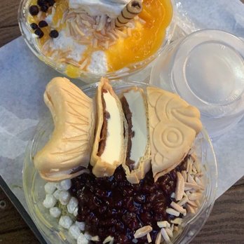 Coffee Factory - Mango ice flake (top)  Green tea ice flake (bottom) - Desserts Near Me - Flushing, New York