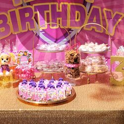 JKay's Unforgettable Events - Pink gold white paw patrol candy table theme