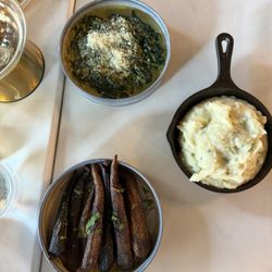 Spiced carrots, creamed spinach, whipped potatoes