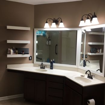 His Handiwork - Walls painted, mirrors framed out and new shelves built and installed (left) - Handyman Near Me His Handiwork - Walls painted, mirrors framed out and new shelves built and installed (left) - Handyman Near Me
