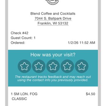 Blend Coffee and Cocktails - receipt - Cocktail Bars Near Me - Franklin, Wisconsin