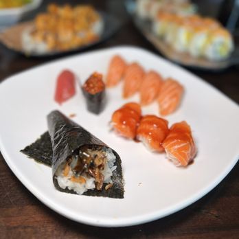 Koyi Sushi - Lemon Peppered Salmon, blue fin tuna, ikura, salmon skin hand roll, Magnolia - Sushi Bars Near Me - Costa Mesa, California