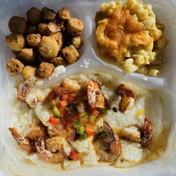 Mary Mac's Tea Room - Shrimp and Southern Style Grits with fried okra and Mac & cheese - Southern Near Me - Atlanta, Georgia