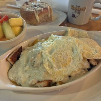 The Roost - Skillet w Nashville chicken, cinnamon roll and coffee. - Breakfast & Brunch Near Me - Indianapolis, Indiana The Roost - Skillet w Nashville chicken, cinnamon roll and coffee. - Breakfast & Brunch Near Me - Indianapolis, Indiana