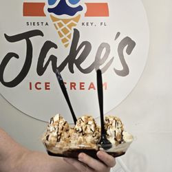 Jake's Ice Cream on Siesta Key - Banana split sundae with banana praline, muddy buddy, and toasted coconut.