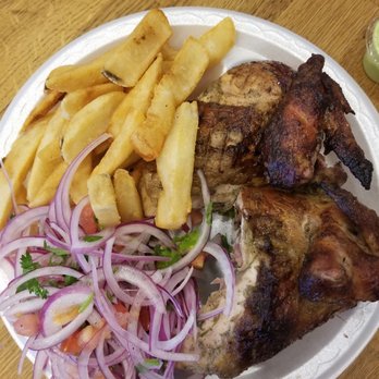 Super Chicken - Half chicken with fries and onion tomato salad - Latin American Near Me - Vienna, Virginia Super Chicken - Half chicken with fries and onion tomato salad - Latin American Near Me - Vienna, Virginia