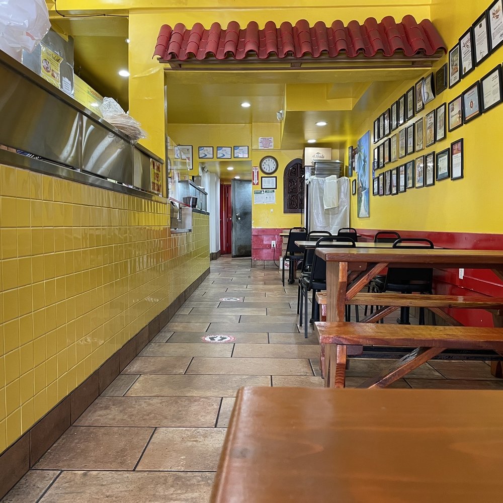 Inside is a cool tiled yellow